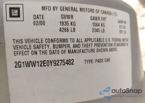 2000 Chevrolet Monte Carlo Ls z USA, uszkodzony, nr VIN 2G1WW12E0Y9275482